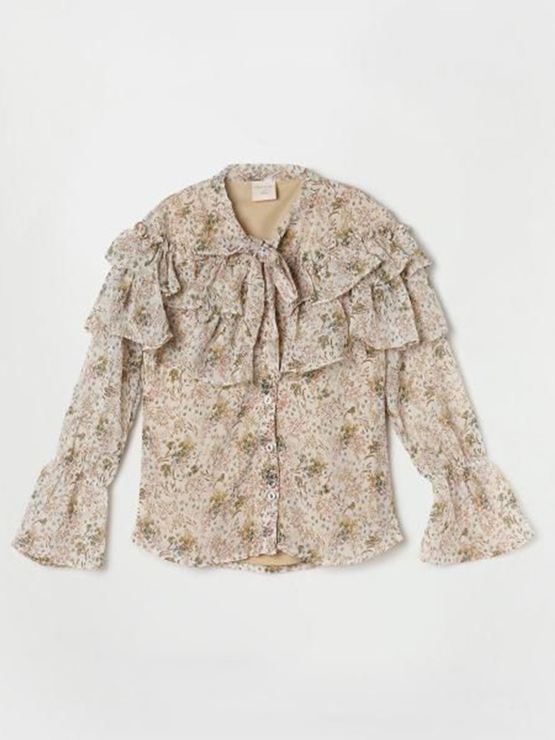 

Tiny Girl Floral Printed Mandarin Collar Bell Sleeve Top, Khaki