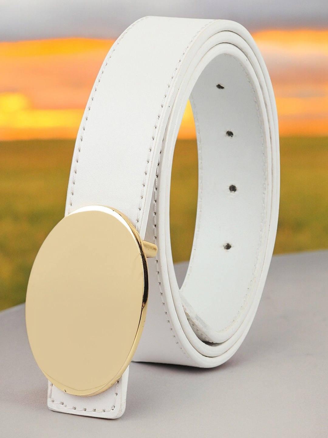 

DressBerry Women Solid Push Pin Closure Belt, White
