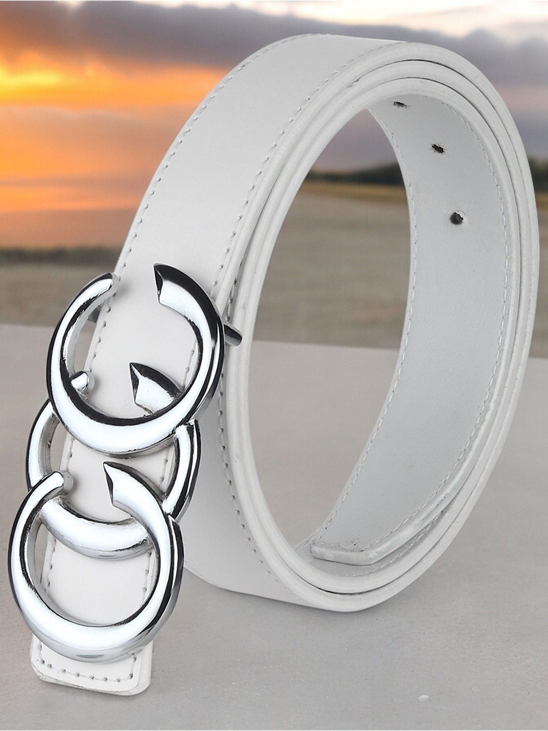 

DressBerry Women Solid Push Pin Closure Belt, White