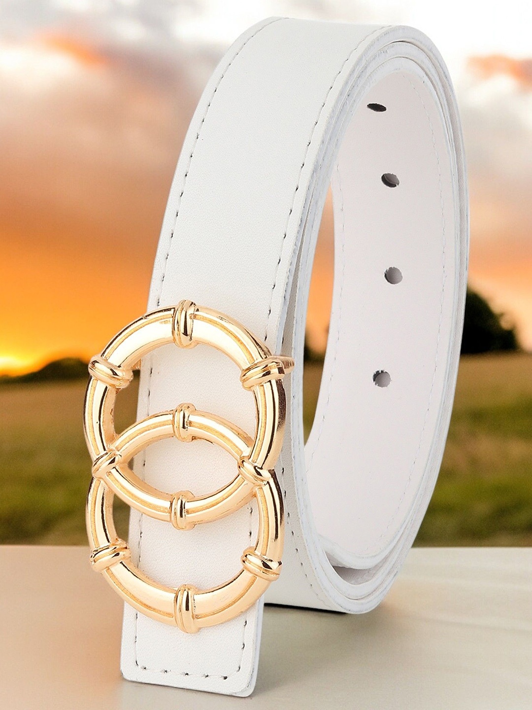

DressBerry Women Solid Push Pin Closure Belt, White