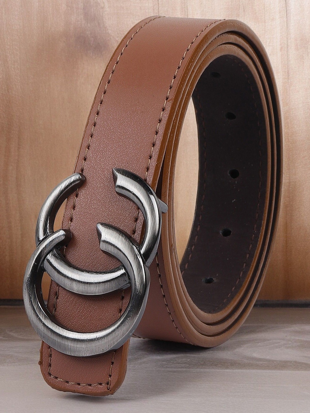 

DressBerry Women Solid Push Pin Closure Belt, Tan