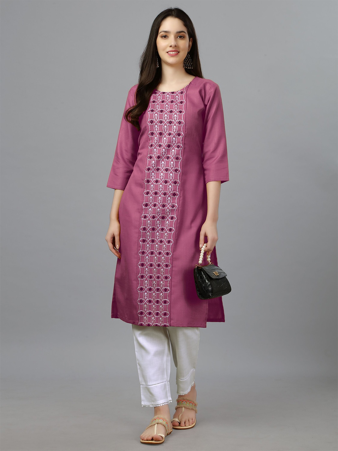 

Rujave Floral Embroidered Round Neck Three-Quarter Sleeves Thread Work Kurta, Purple