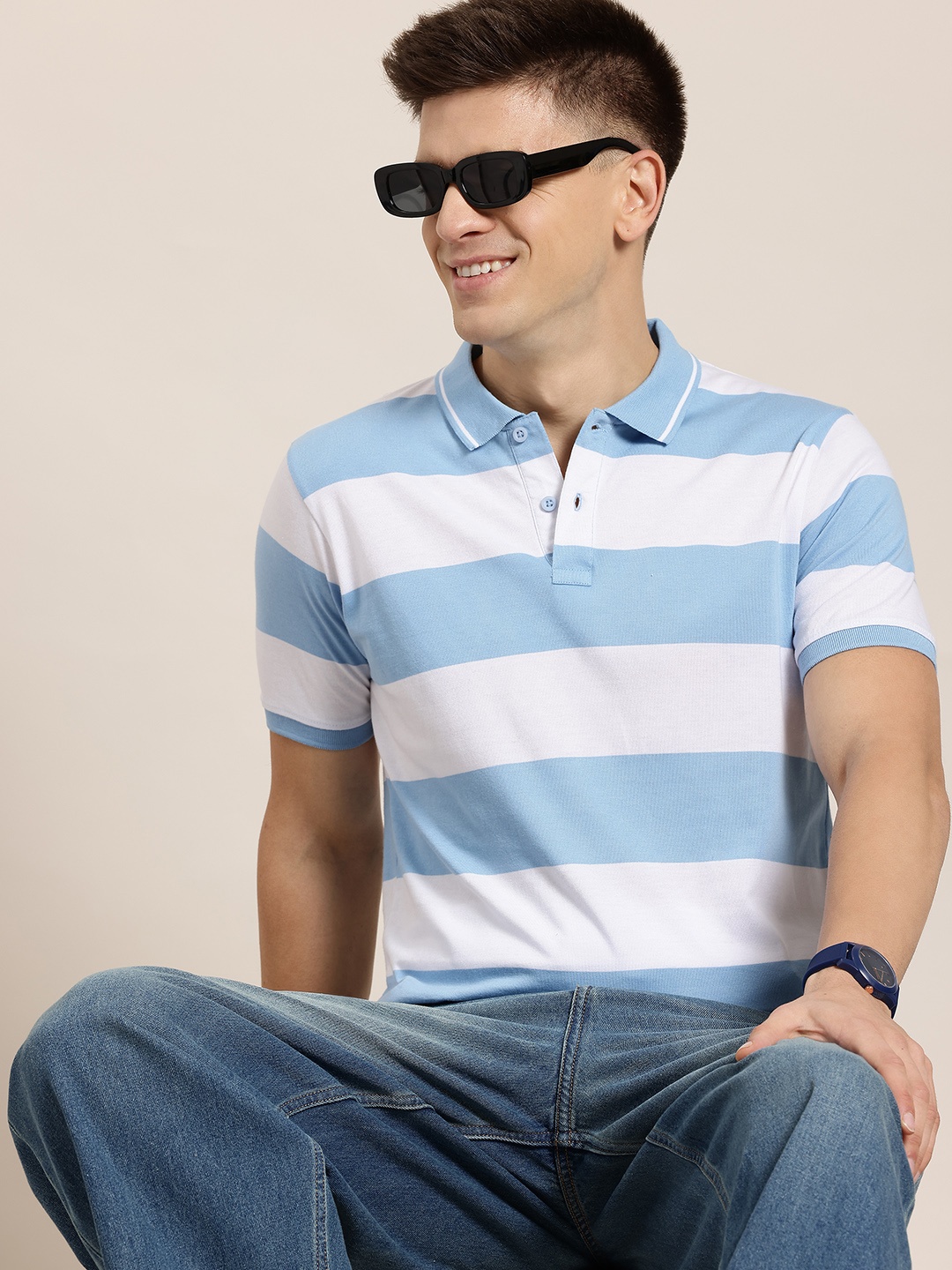 

HERE&NOW Men Striped Polo Collar T-shirt, White