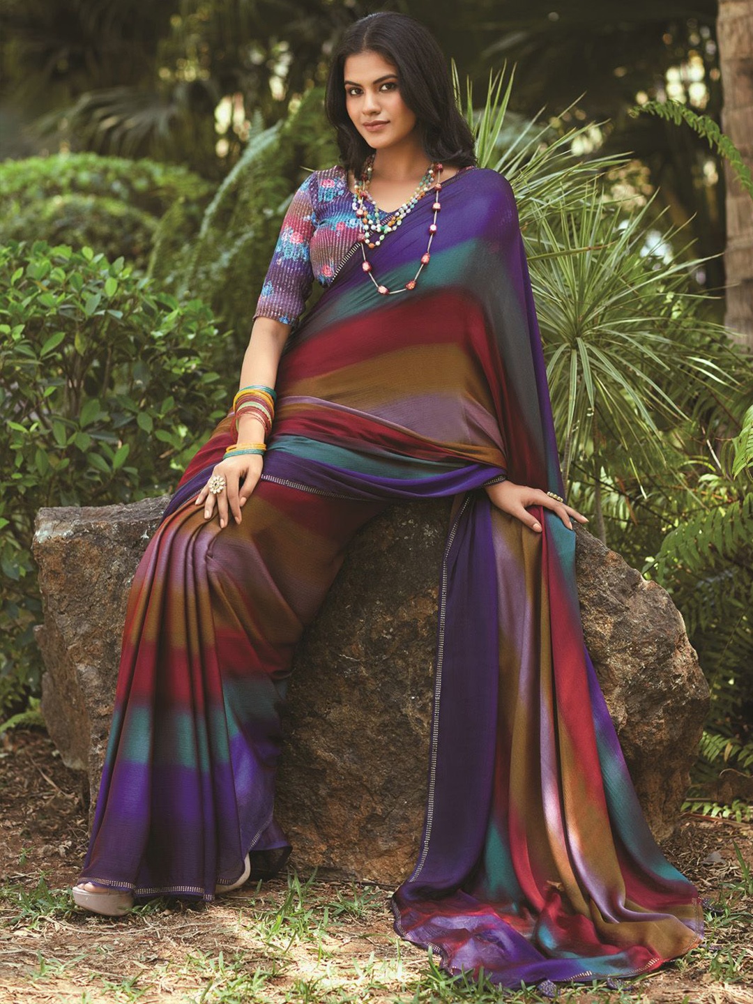 

Mitera Colourblocked Sequinned Saree, Purple