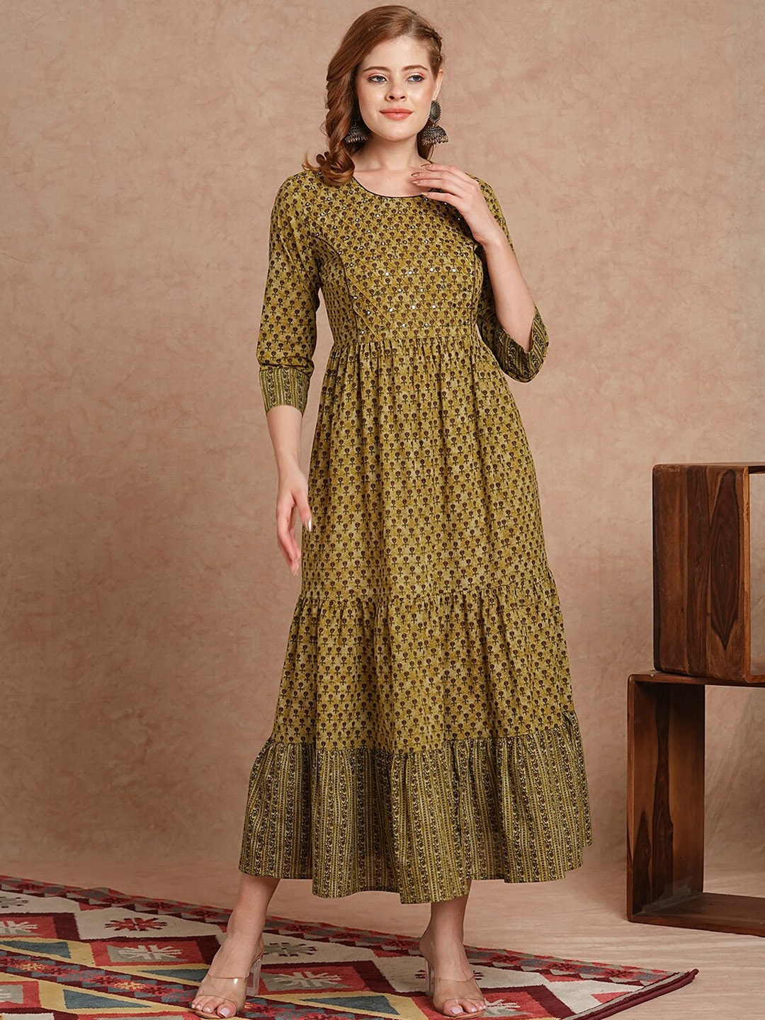 

KALINI Floral Printed Mirror Work Pure Cotton Anarkali Kurta, Mustard
