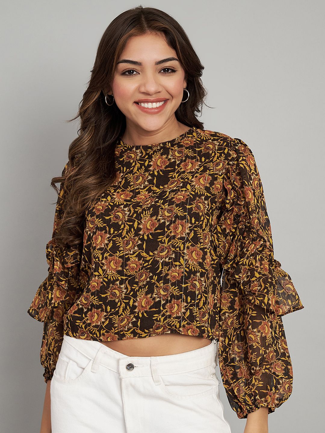 

Amagyaa Floral Print Puff Sleeve Georgette Top, Brown