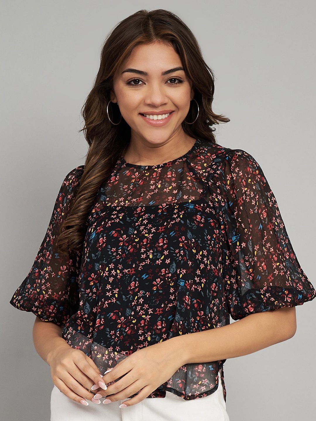 

Amagyaa Floral Print Bell Sleeve Georgette Top, Black