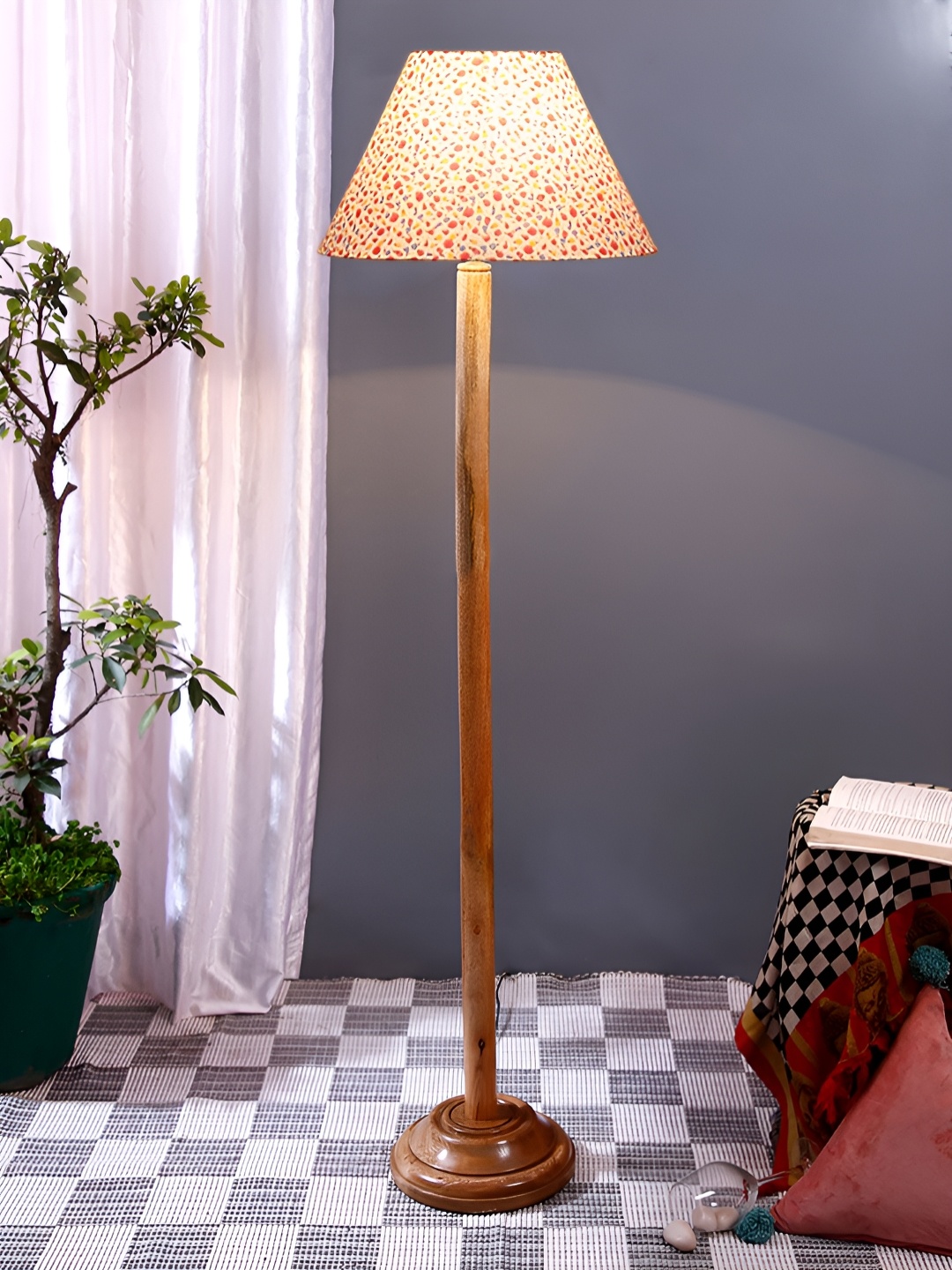

Devansh Blue & Red Printed Frustum Shaped Wooden Floor Lamp With Shade