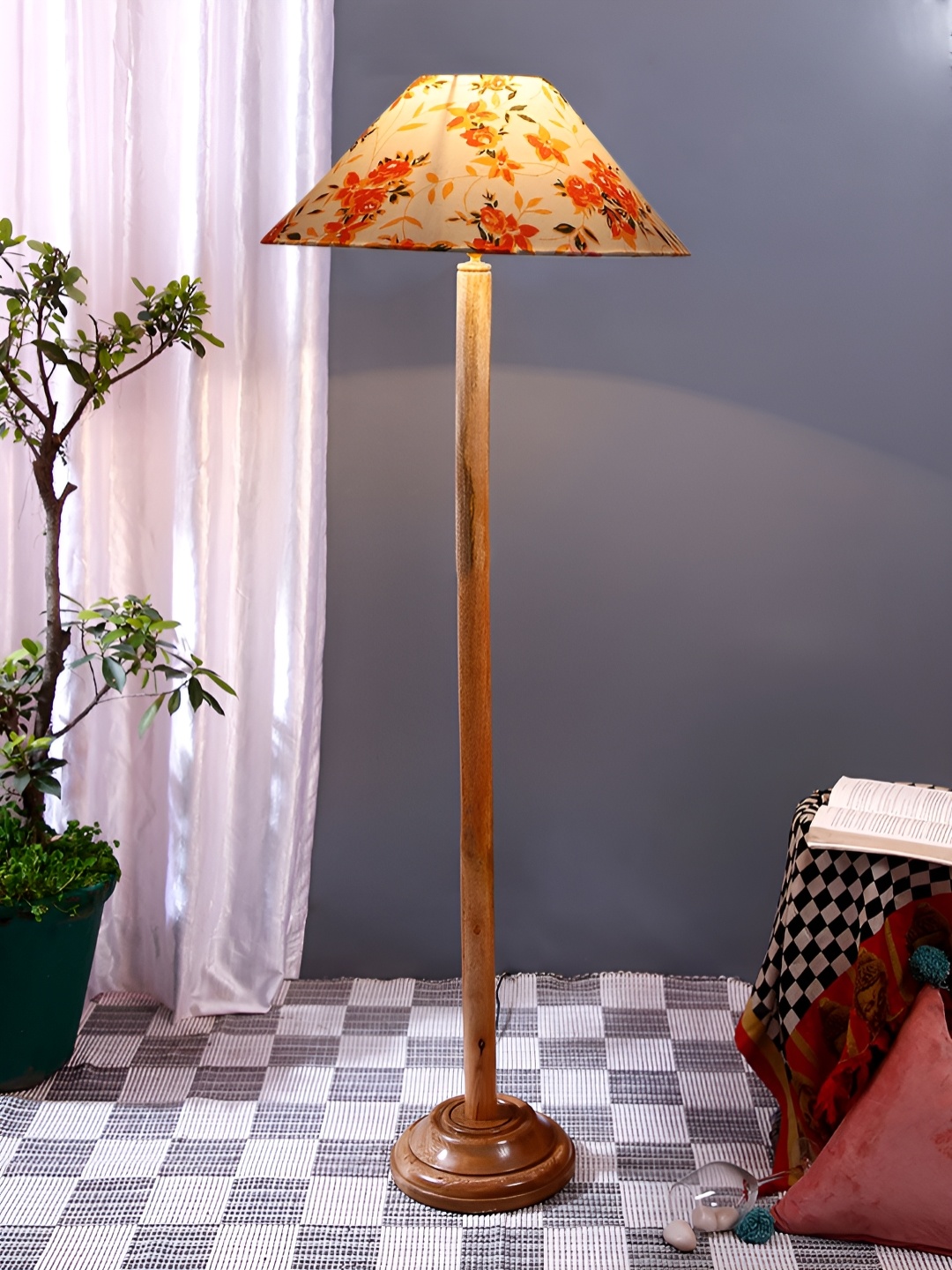 

Devansh White & Orange Printed Conical Wooden Floor Lamp With Shade