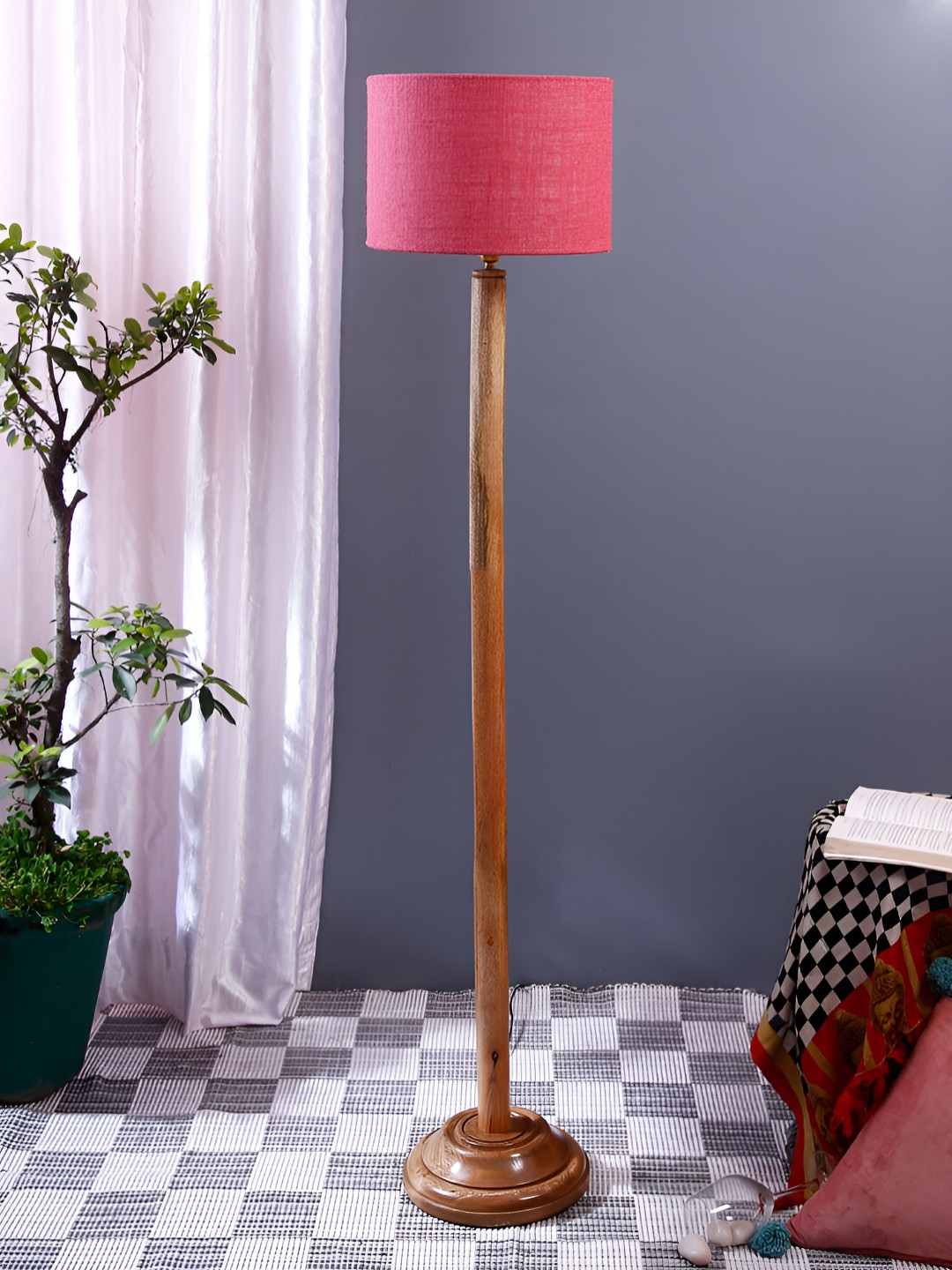 

Devansh Beige & Pink Textured Wooden Cylinder Floor Lamp