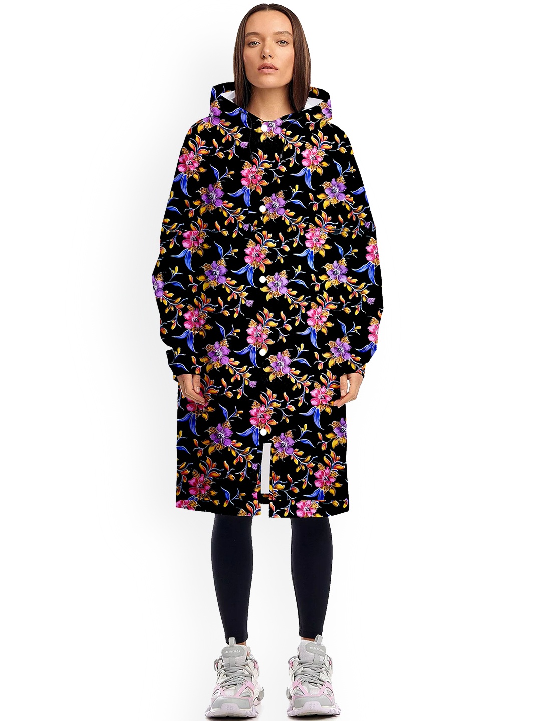 

CAMISON Floral Printed Hooded Waterproof Rain Jacket, Black