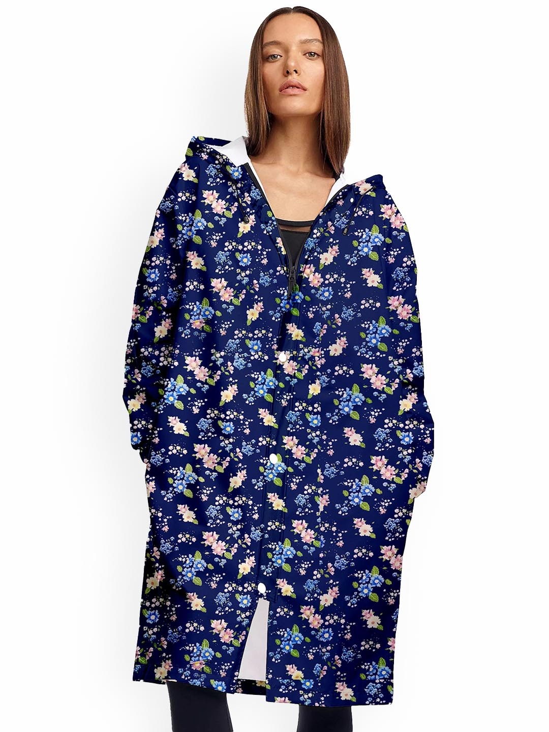 

CAMISON Floral Printed Hooded Waterproof Rain Jacket, Navy blue