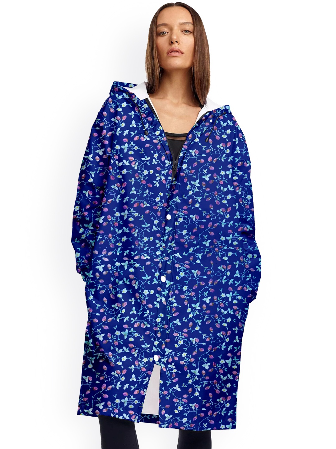 

CAMISON Floral Printed Hooded Waterproof Reversible Raincoat, Blue