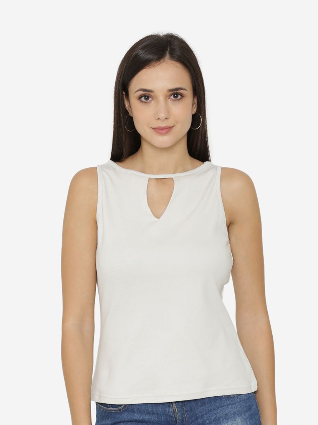 

Yaadleen Solid Keyhole Neck Sleeveless Cotton Top, Cream