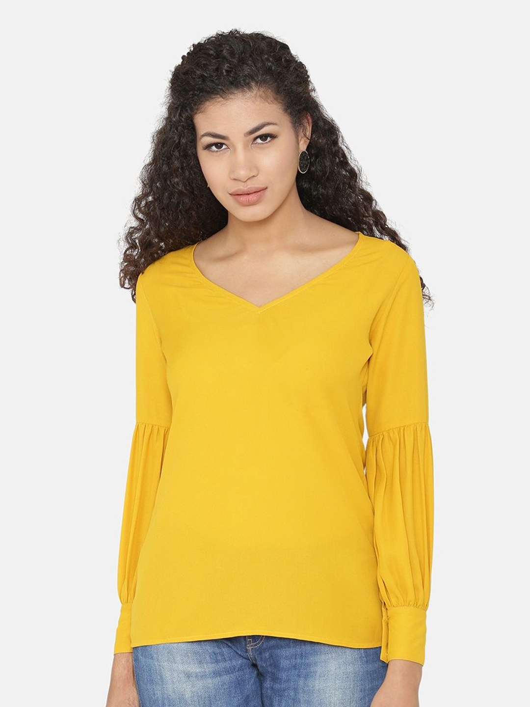 

Yaadleen Solid V-Neck Puff Sleeves Top, Yellow