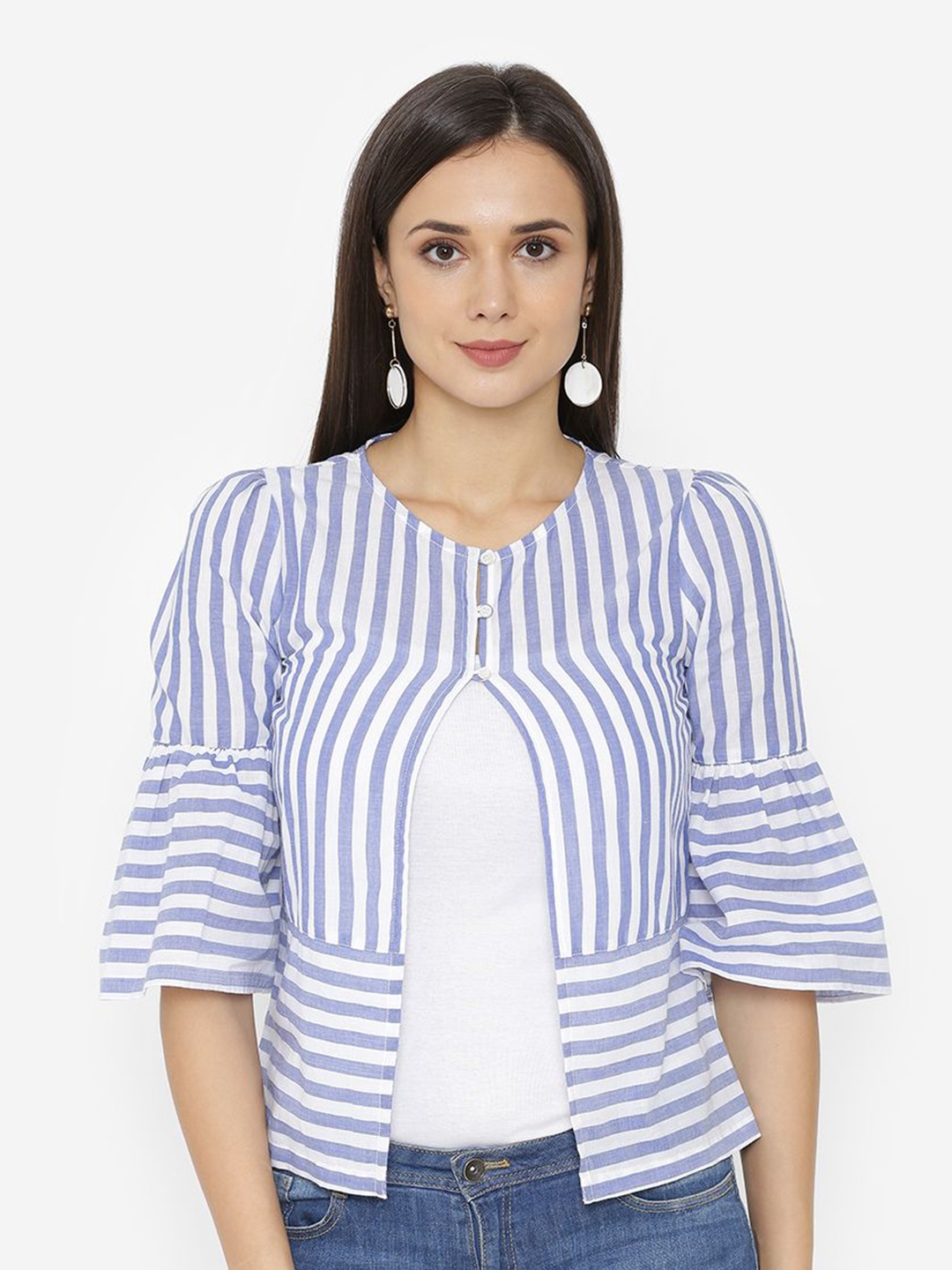 

Yaadleen Striped Round Neck Bell Sleeve Cotton Top, White