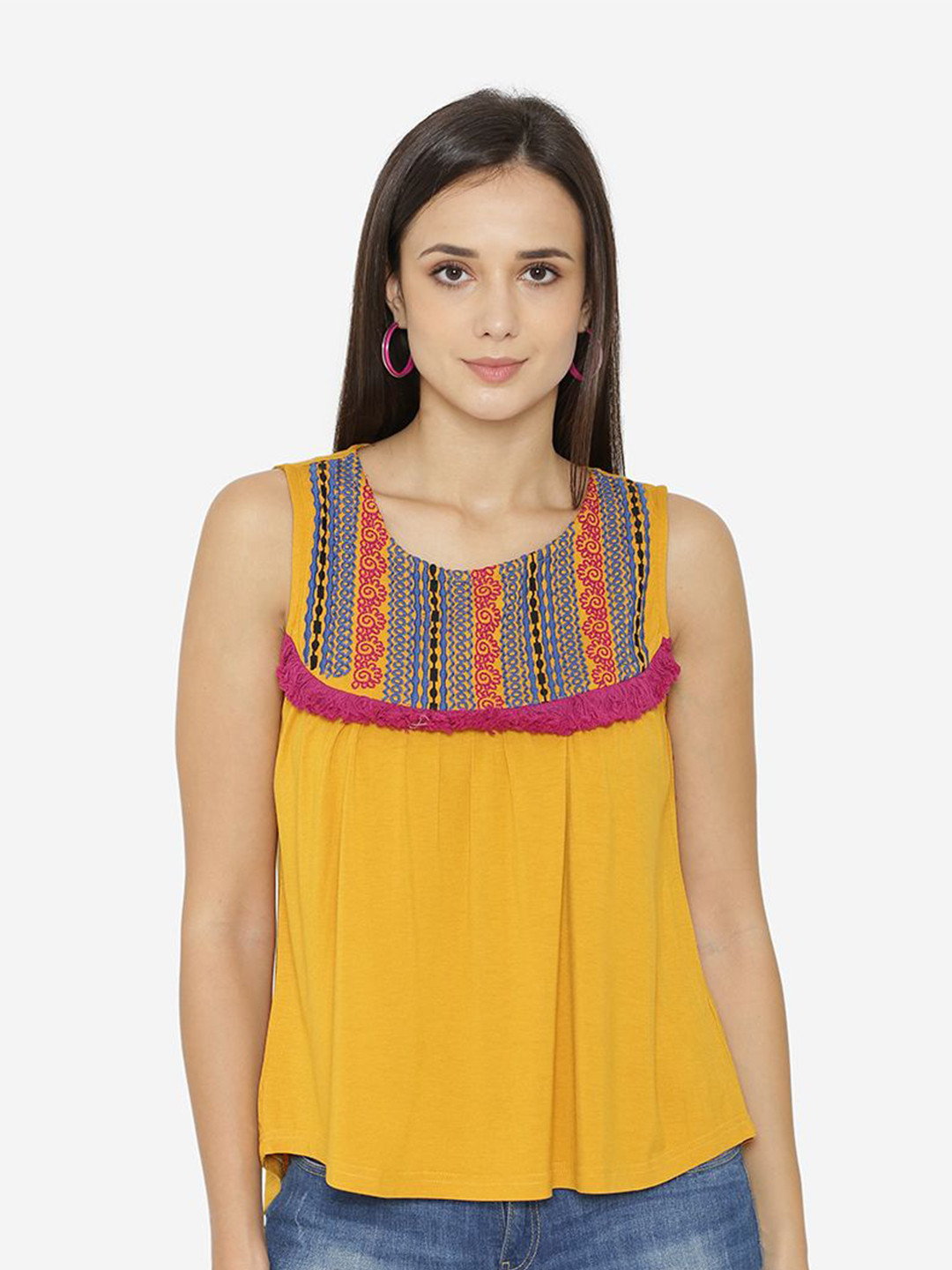 

Yaadleen Embroidered Round Neck Cotton Top, Yellow