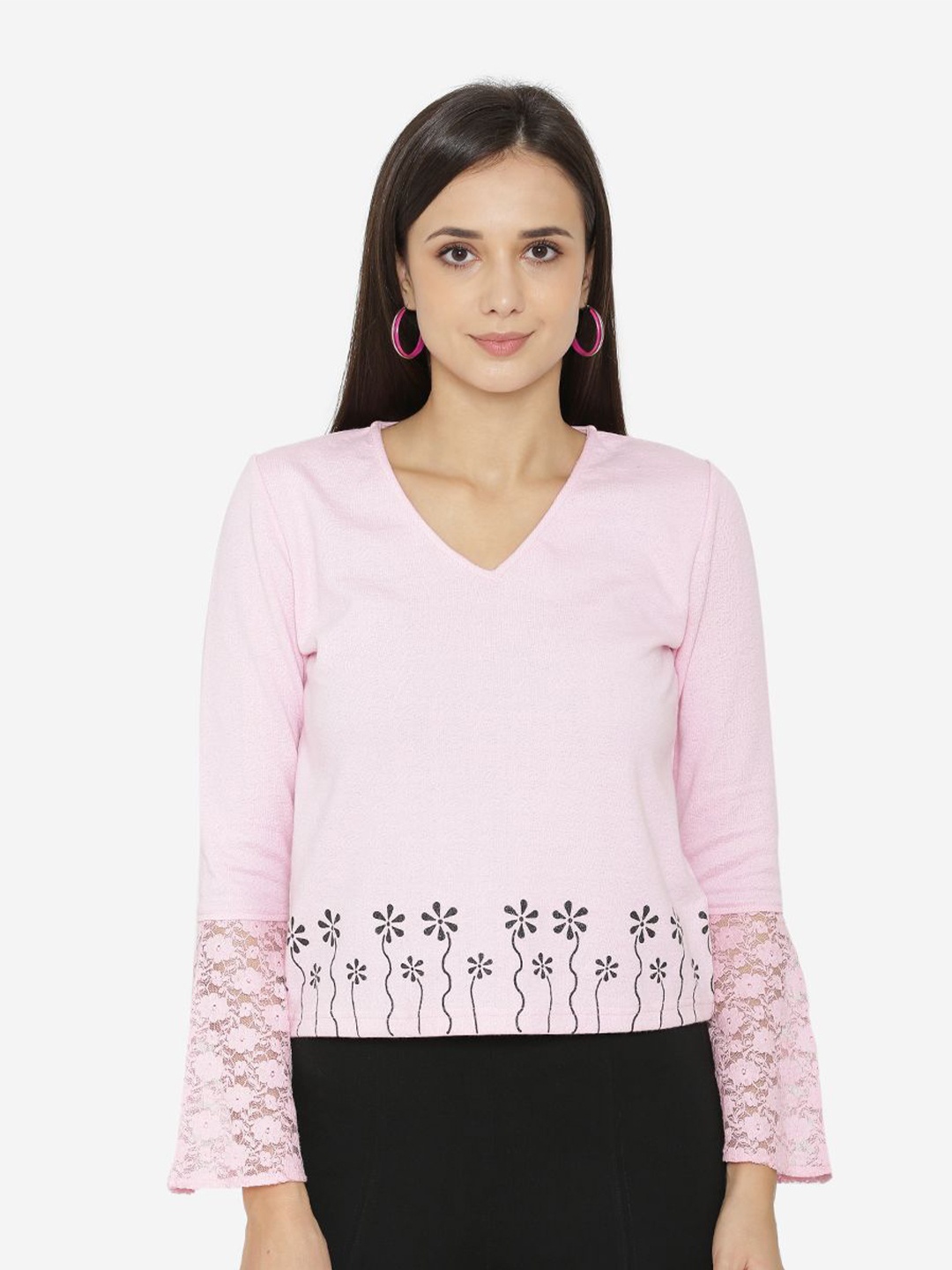 

Yaadleen Floral Printed V-Neck Bell Sleeves Crop Top, Pink