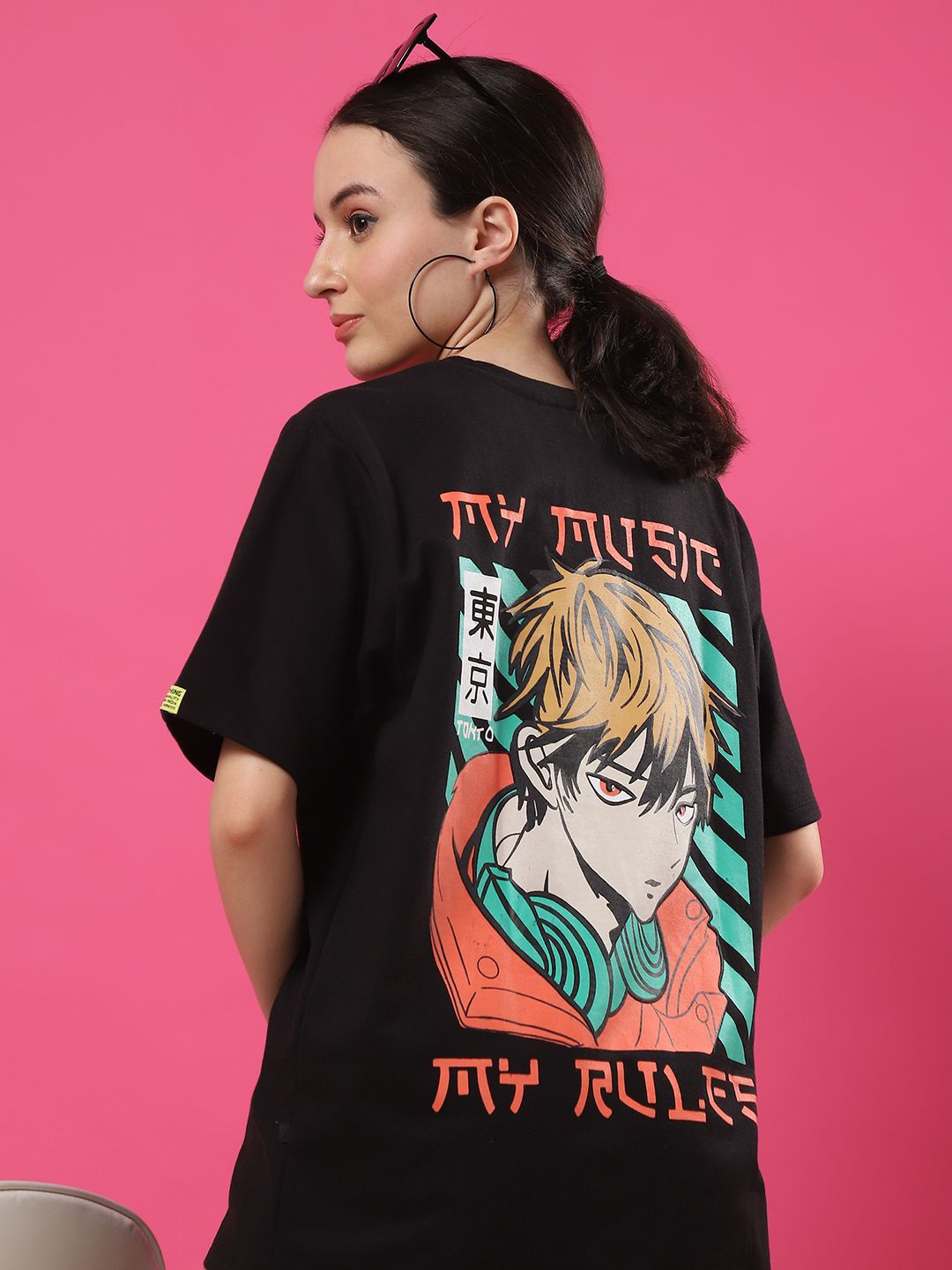 

Rigo Graphic Anime Printed Pure Cotton Oversized T-shirt, Black