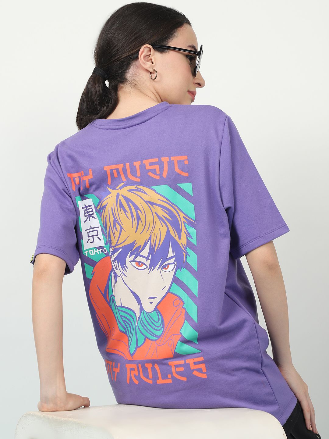 

Rigo Women Round Neck Graphic Printed Pure Cotton Oversized T-shirt, Purple