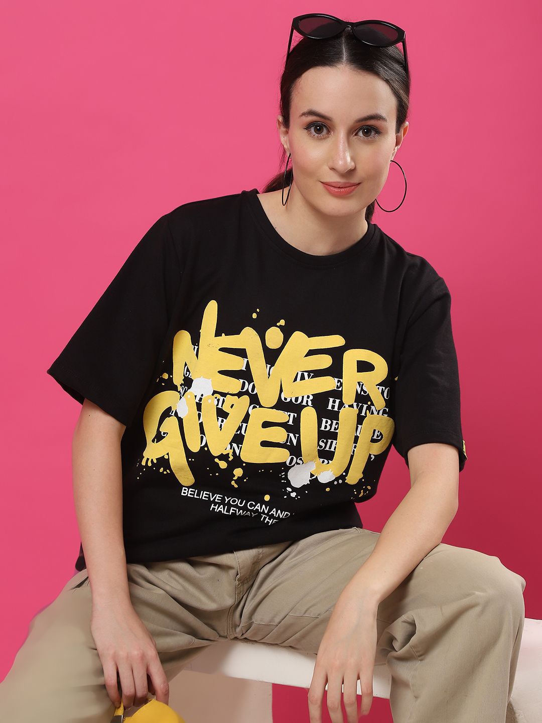 

Rigo Women Round Neck Typography Printed Pure Cotton Oversized T-shirt, Black