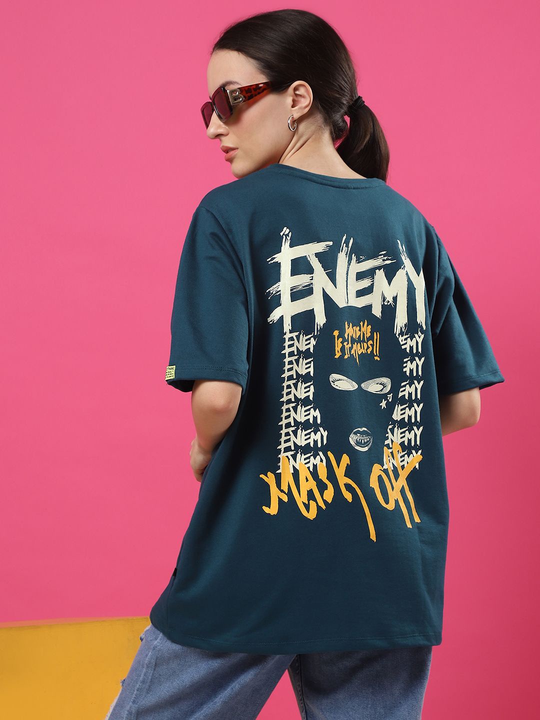 

Rigo Typography Printed Drop Shoulder Pure Cotton Oversized T-shirt, Teal