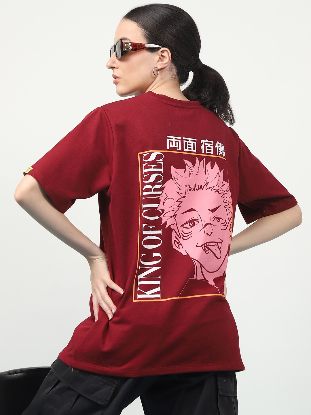 

Rigo Women Round Neck Graphic Printed Pure Cotton Oversized T-shirt, Maroon