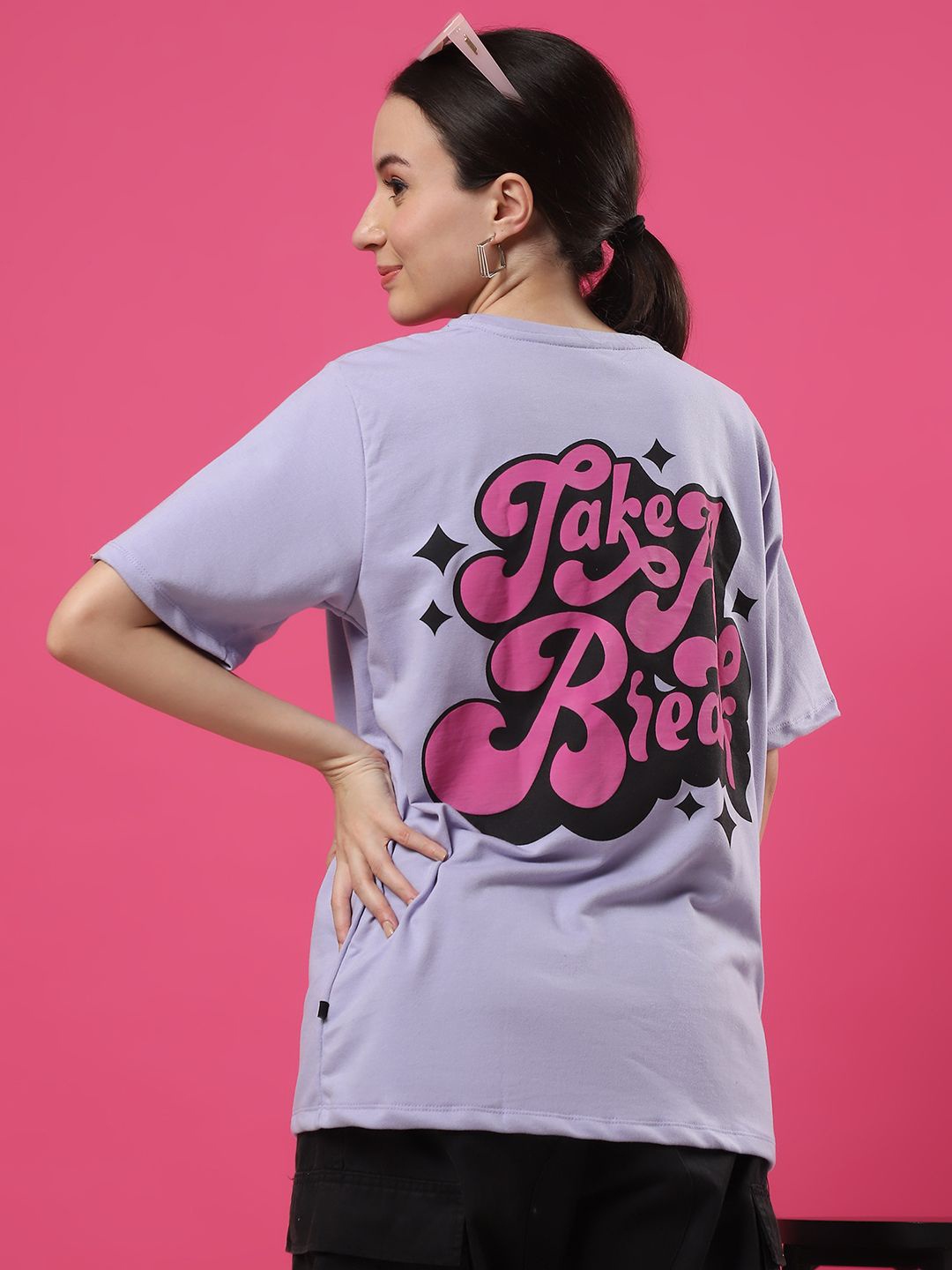 

Rigo Women Round Neck Typography Printed Pure Cotton Oversized T-shirt, Purple