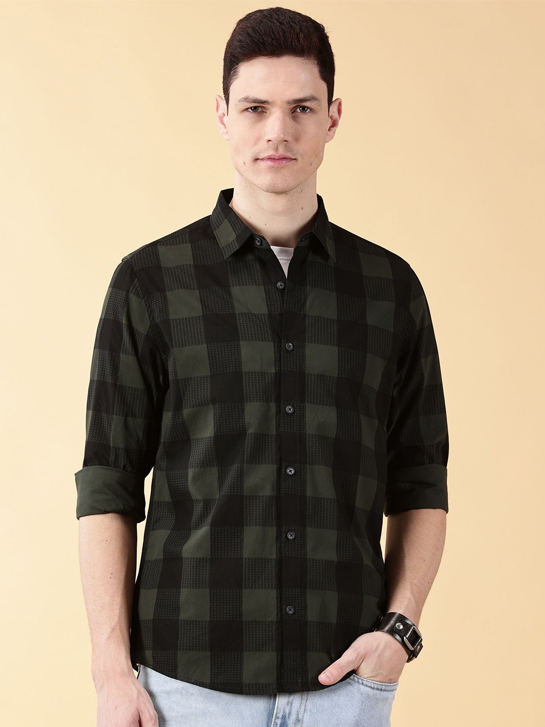 

VALEN CLUB Men Slim Fit Buffalo Checks Opaque Checked Casual Shirt, Green