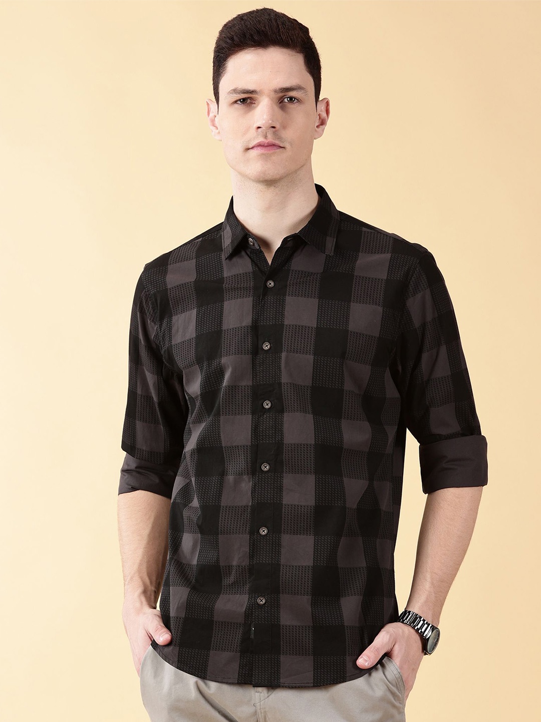 

VALEN CLUB Men Slim Fit Buffalo Checks Opaque Checked Casual Shirt, Grey