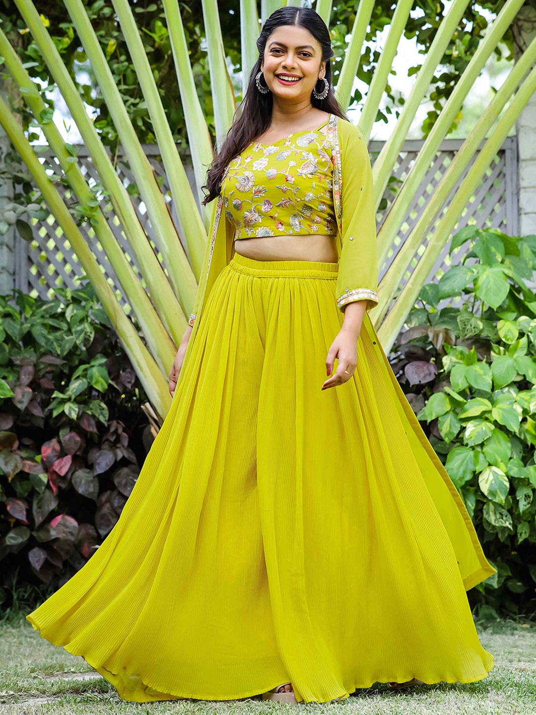

TextileNow Embroidered Sleeveless Top & Palazzos With Shrug, Yellow