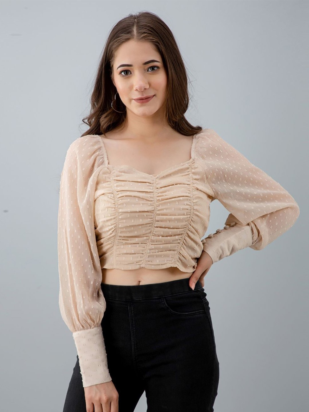 

PRETTY LOVING THING Striped Sweetheart Neck Puff Sleeve Chiffon Crop Top, Beige
