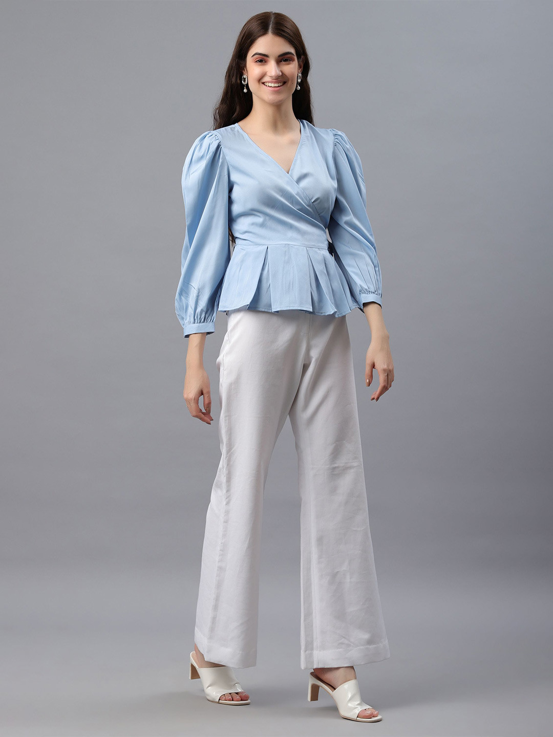 

PRETTY LOVING THING Puff Sleeve Crepe Top, Blue