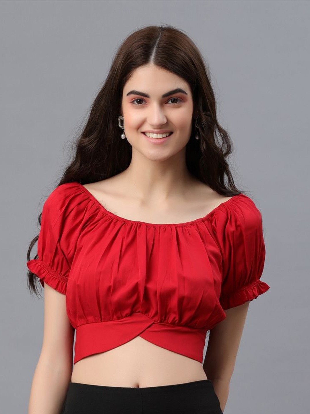 

PRETTY LOVING THING Puff Sleeve Crepe Blouson Crop Top, Red
