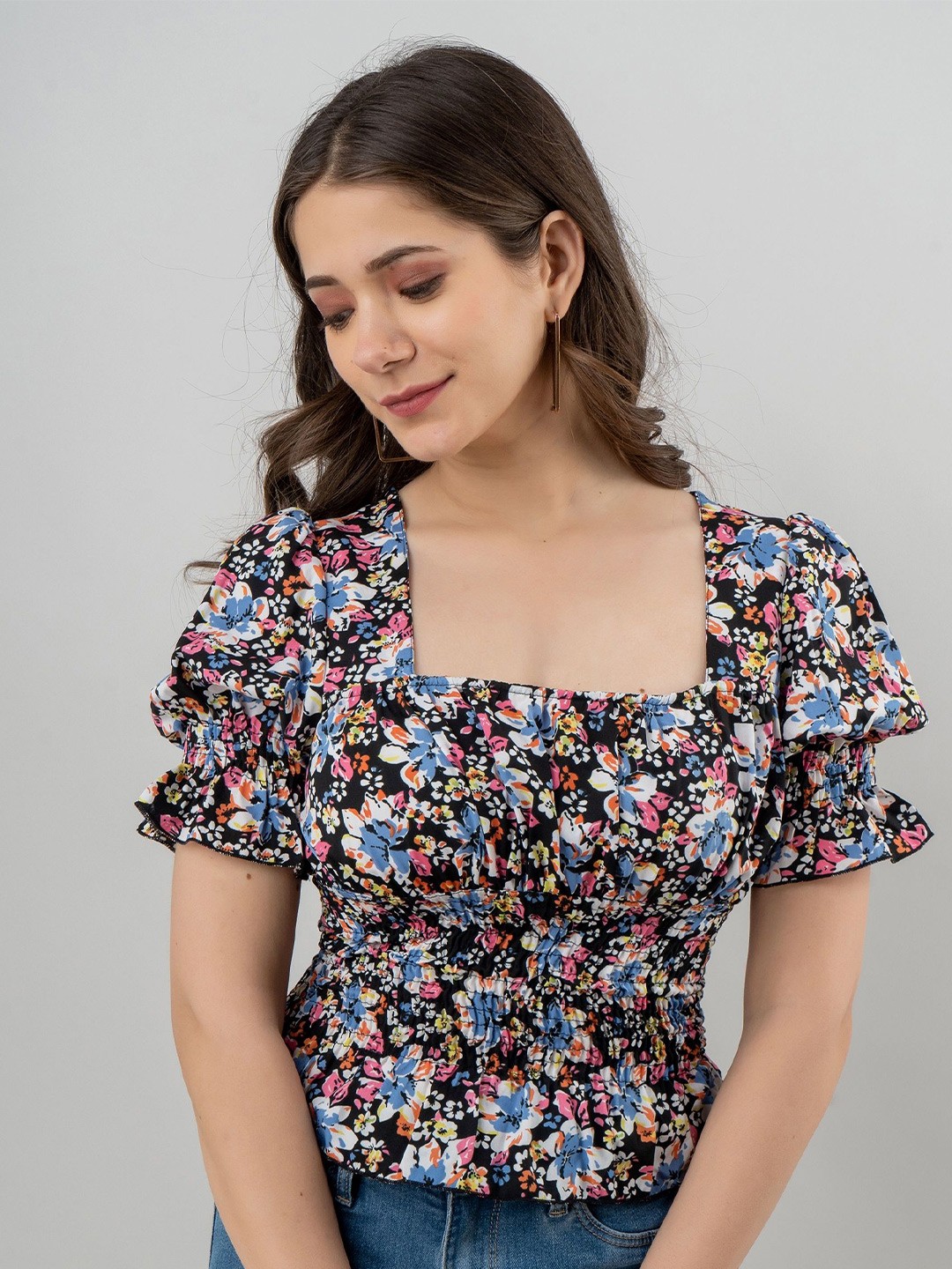 

PRETTY LOVING THING Floral Printed Square Neck Top, Black