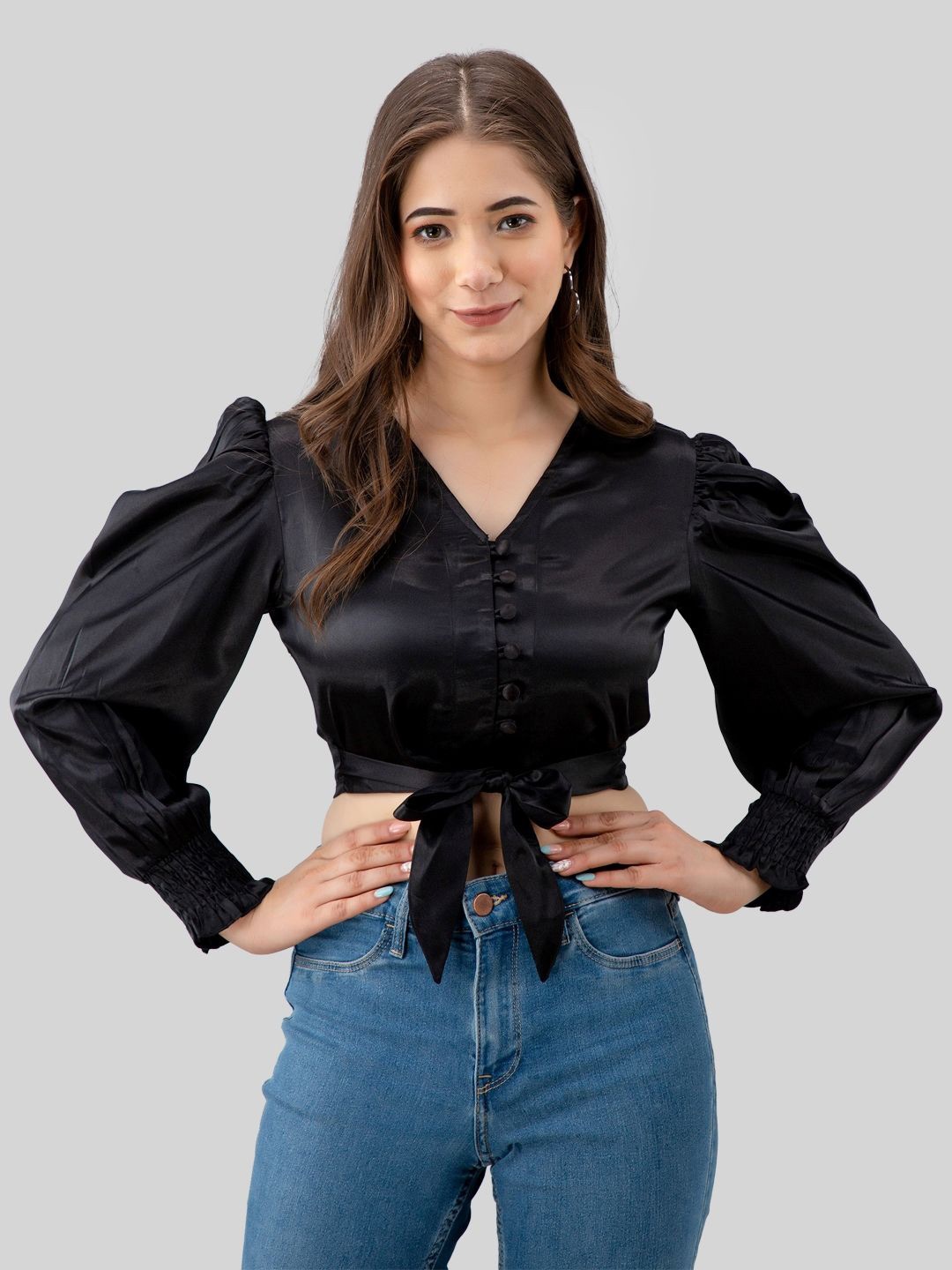 

PRETTY LOVING THING Solid V-Neck Cinched Waist Top, Black