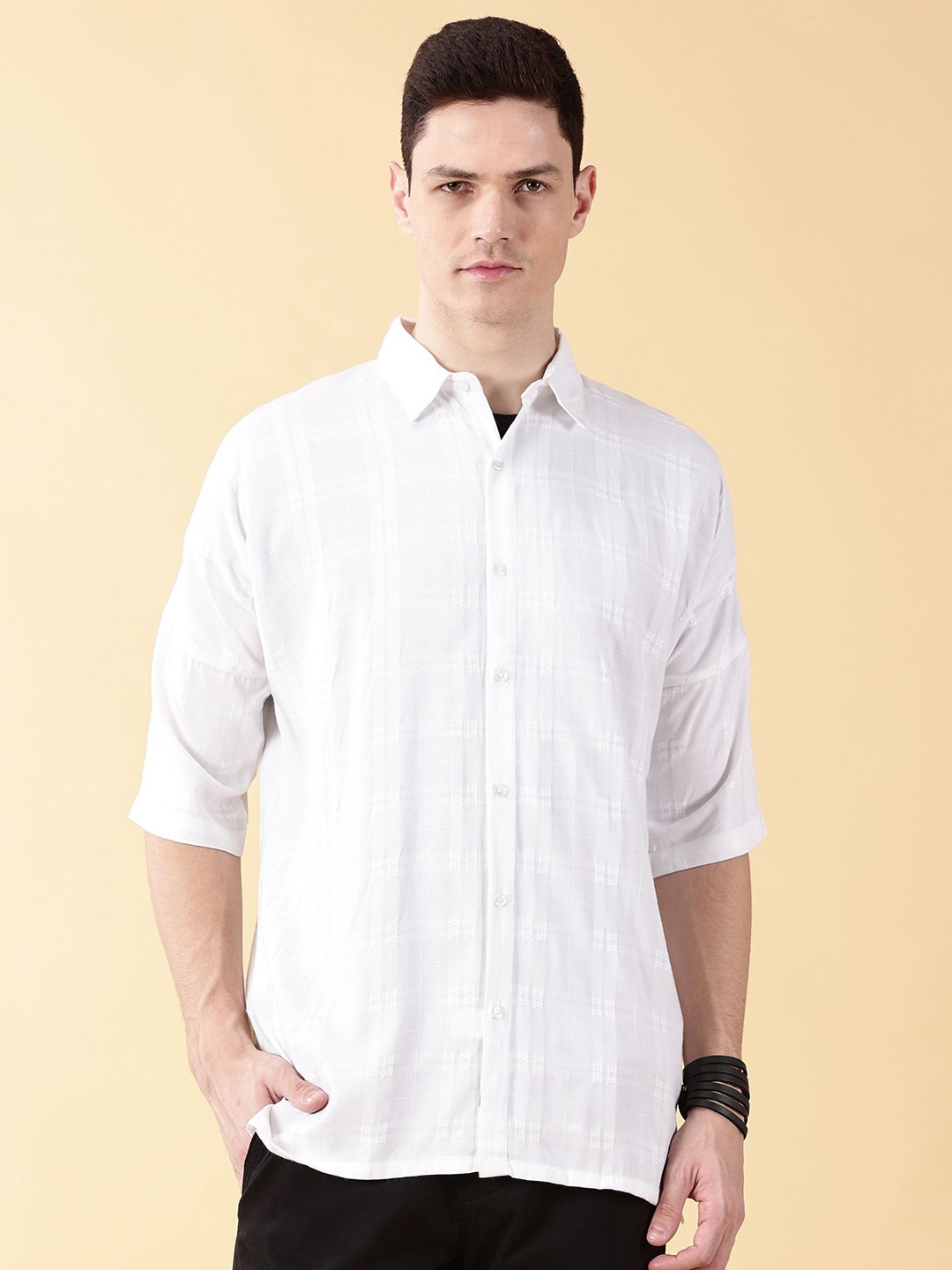 

VALEN CLUB Men Comfort Grid Tattersall Checks Opaque Checked Casual Shirt, White