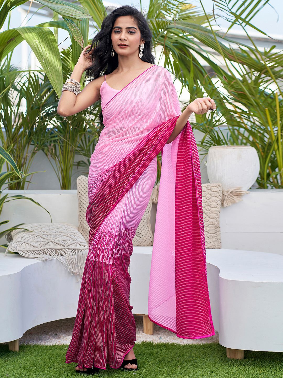 

Mitera Embellished Sequinned Saree, Pink