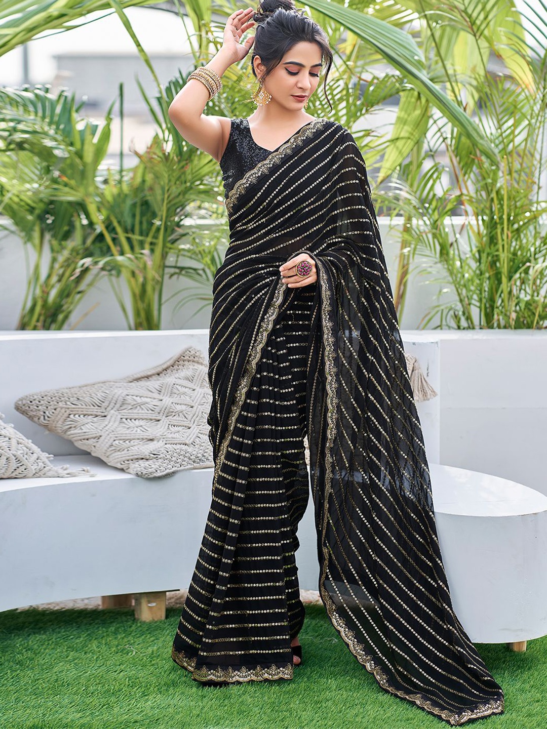 

Mitera Embellished Sequinned Saree, Black