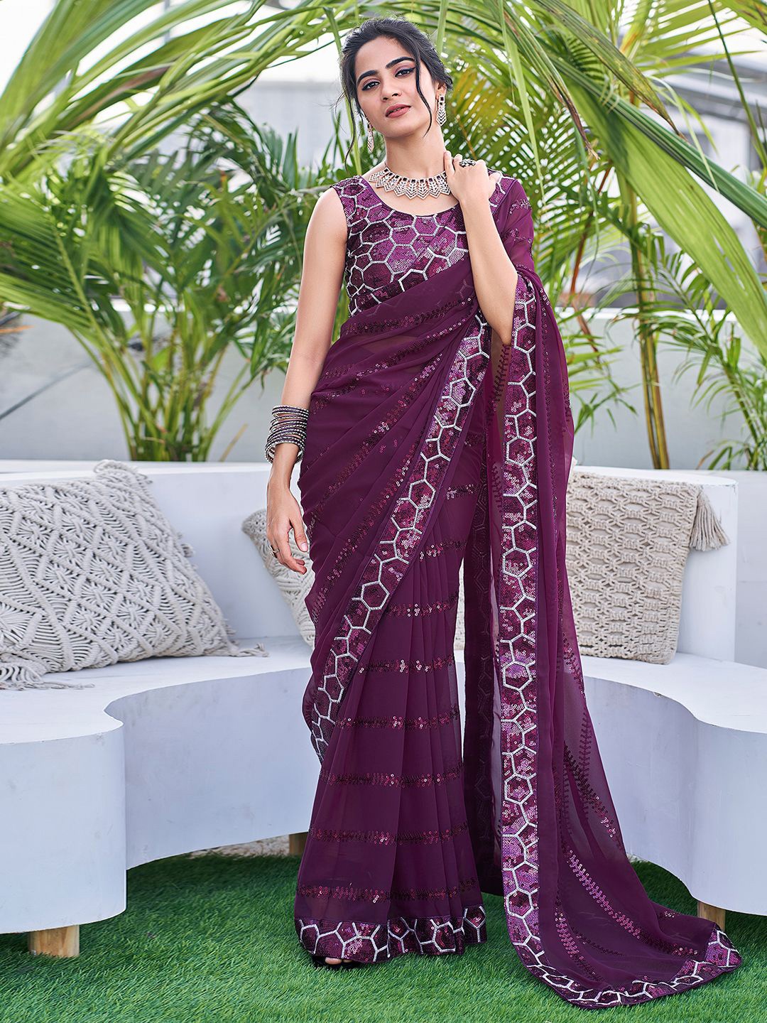 

Mitera Embellished Sequinned Saree, Purple