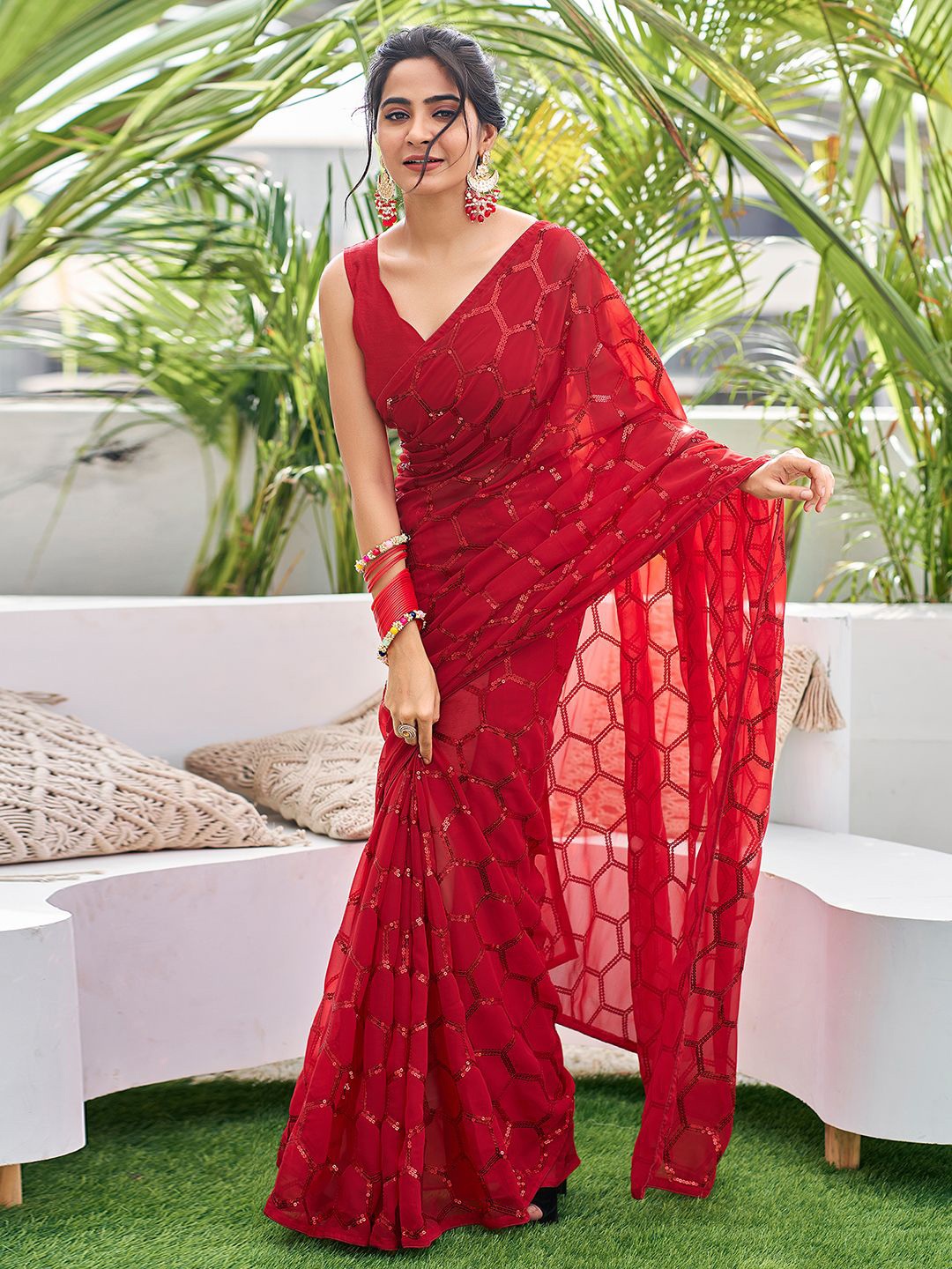 

Mitera Embellished Sequinned Saree, Red
