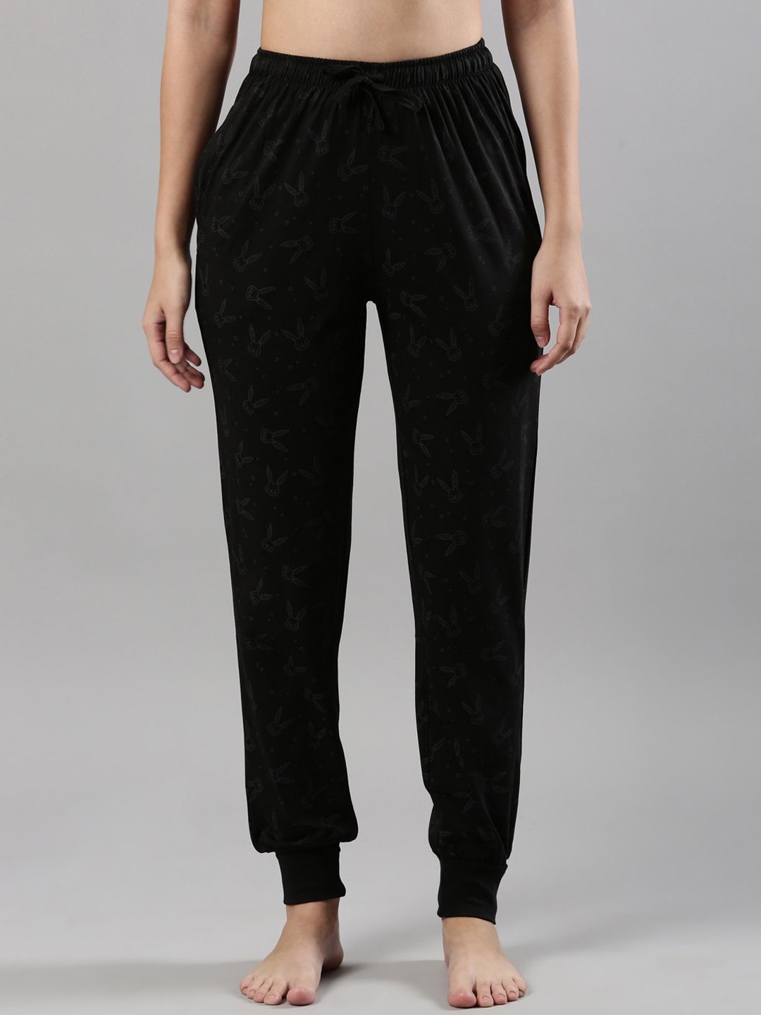 

Femmora Women Abstract Printed Mid-Rise Pure Cotton Lounge Joggers, Black