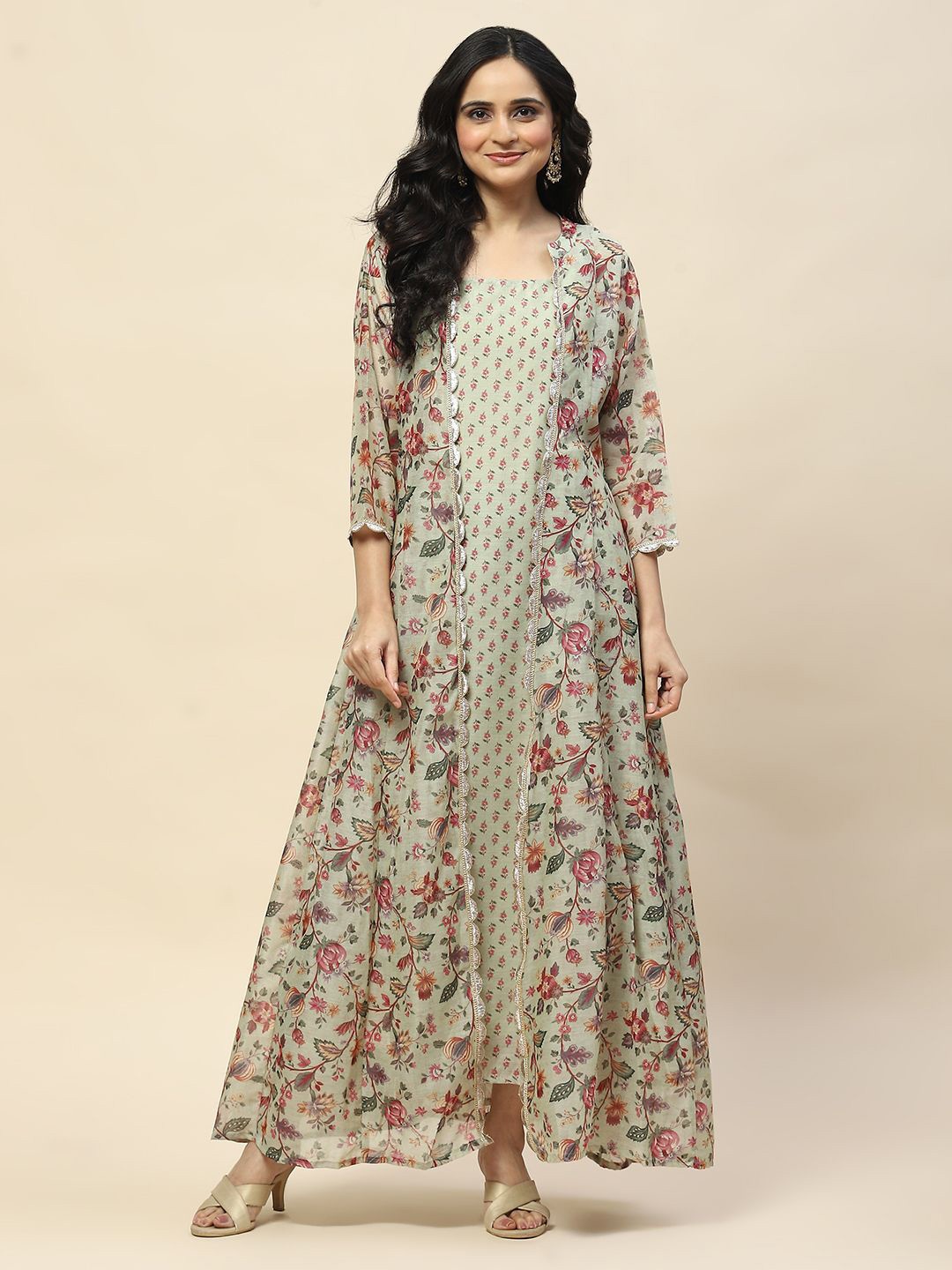 

Meena Bazaar Floral Print Maxi Ethnic Dresses, Green