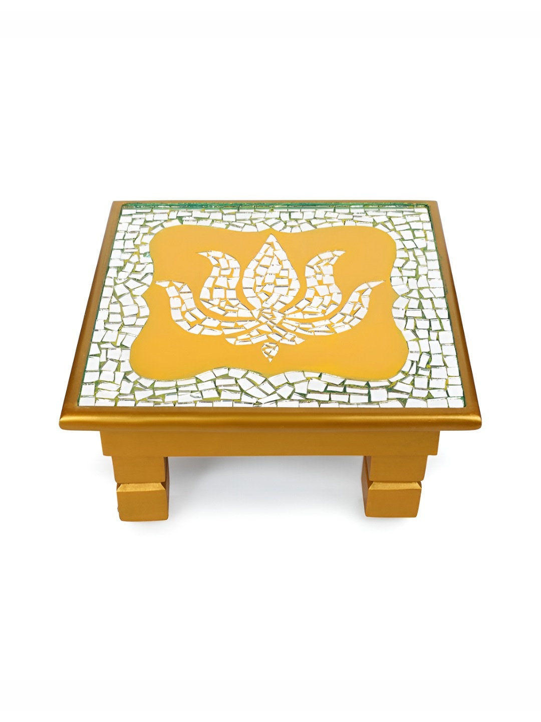 

THE HOME CO. Gold Toned & Yellow Lotus Mosaic Textured Wooden Chowki