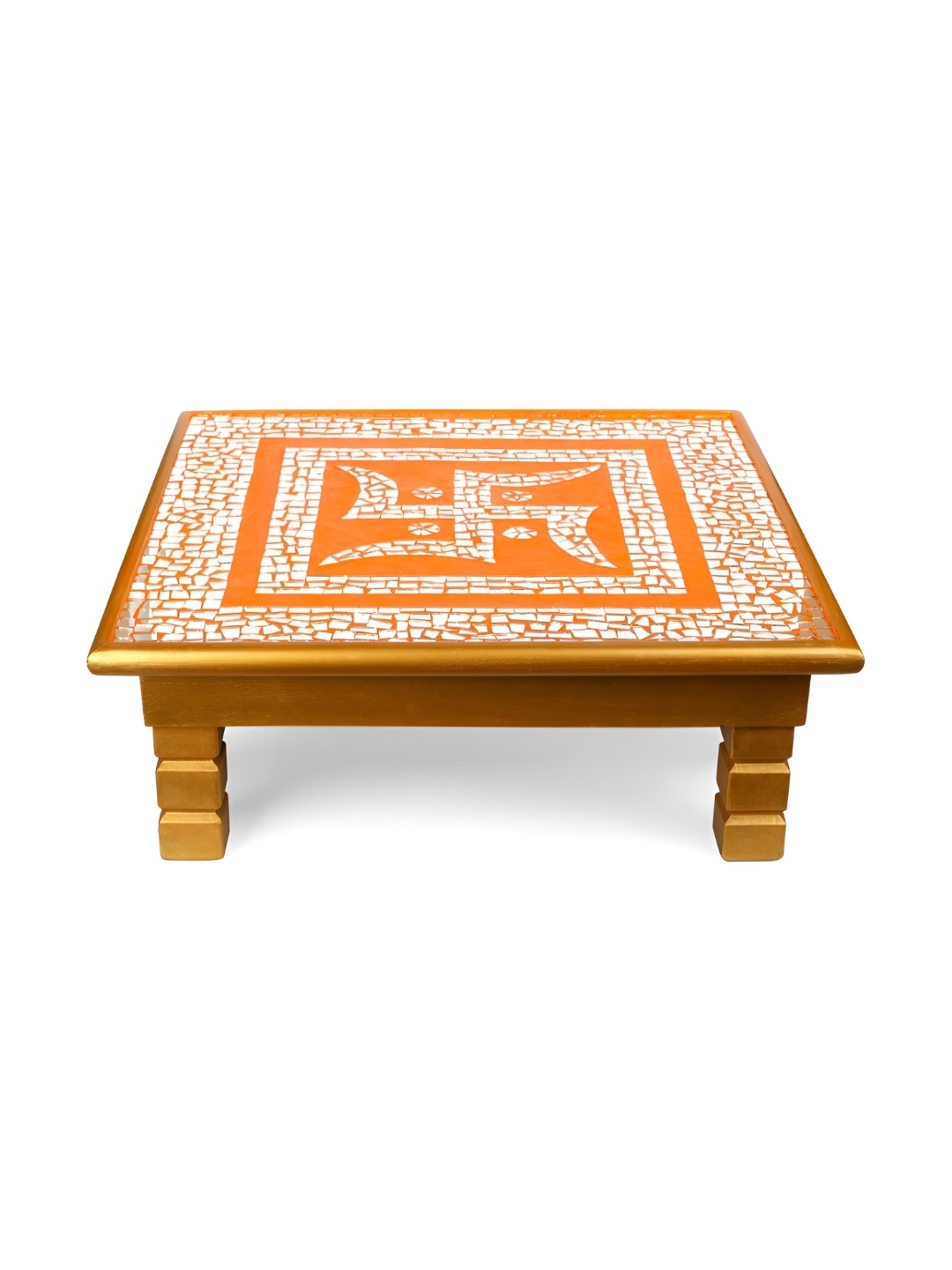 

THE HOME CO. Gold Toned & Orange Sawastik Mosaic Textured Wooden Chowki