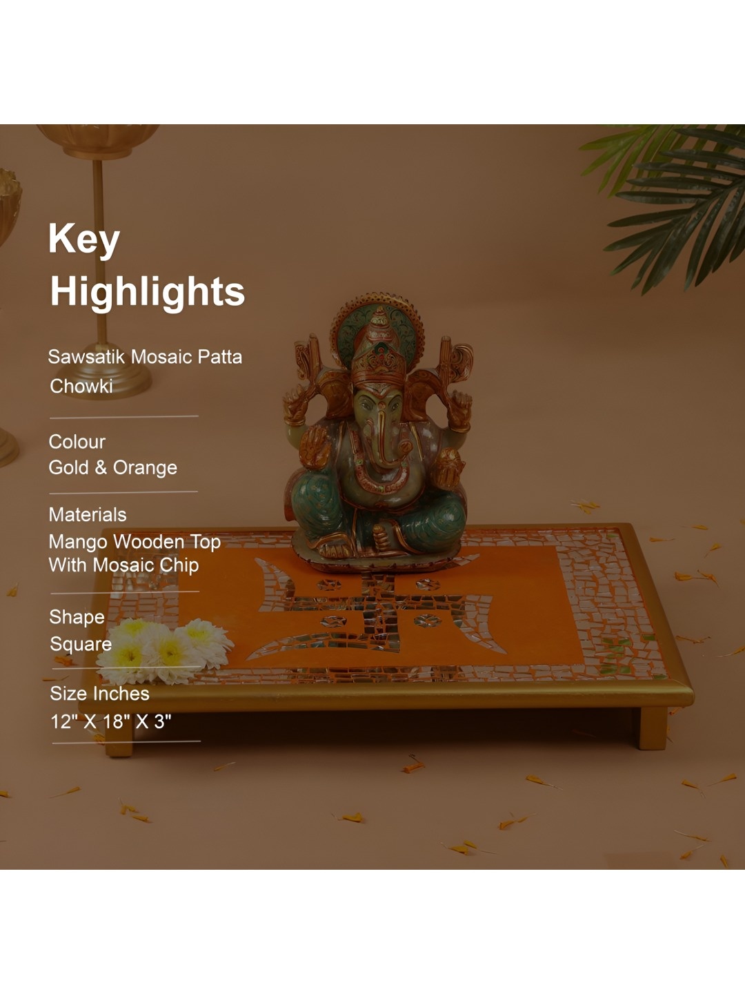 

THE HOME CO. Gold Toned & Orange Sawsatik Mosaic Textured Wooden Chowki