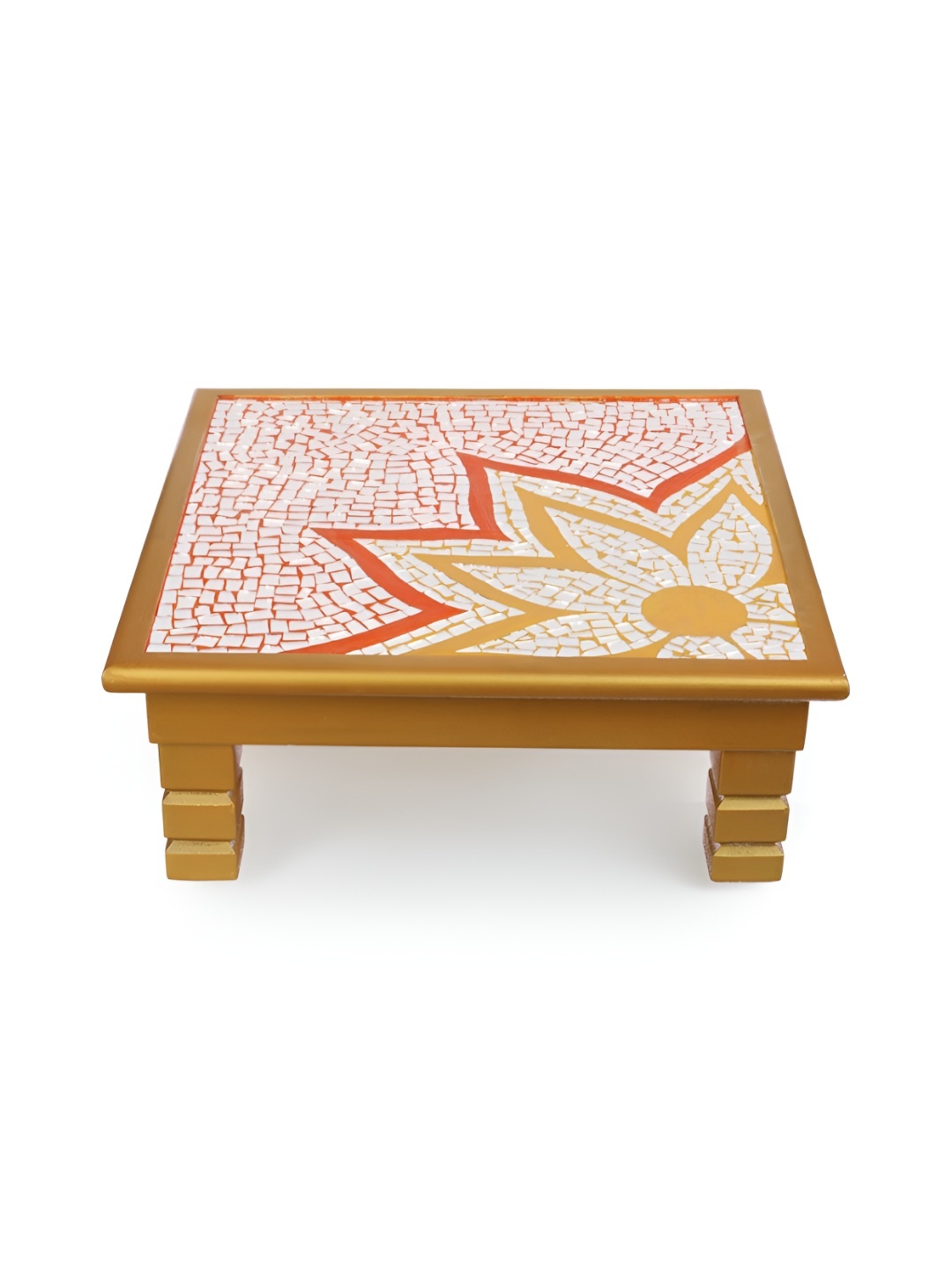

THE HOME CO. White and Orange Floral Printed Wooden Chowki Platform, Gold