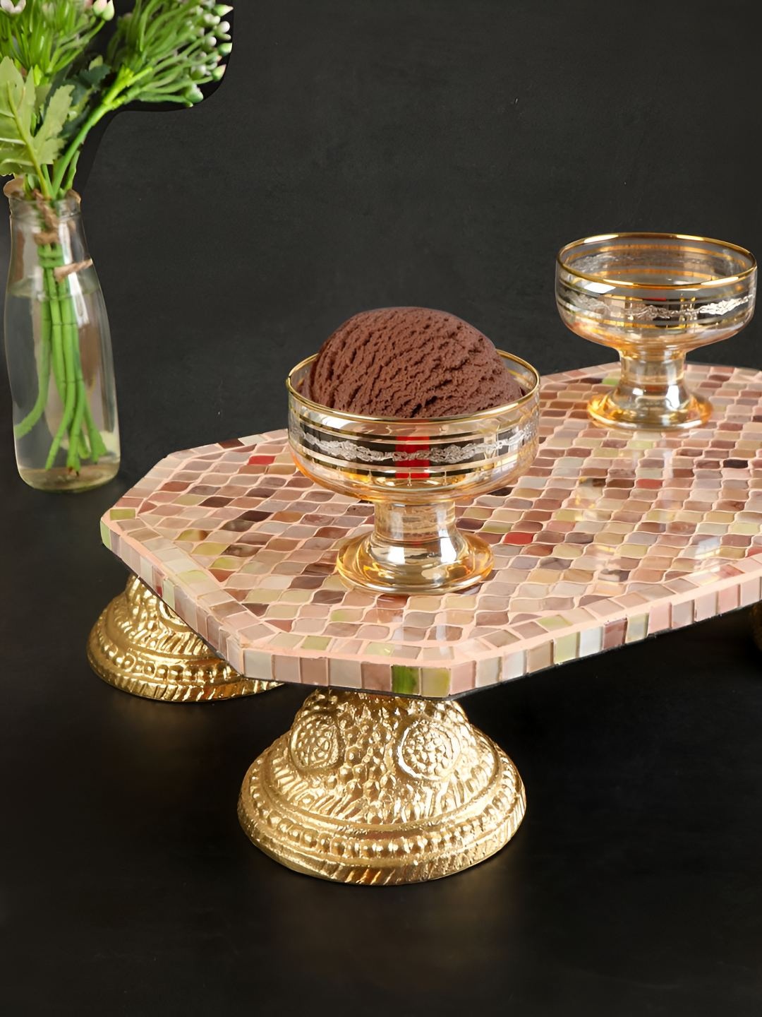 

THE HOME CO. Cream & Brown Aluminium Mosaic Embossed Pooja Chowki, Gold
