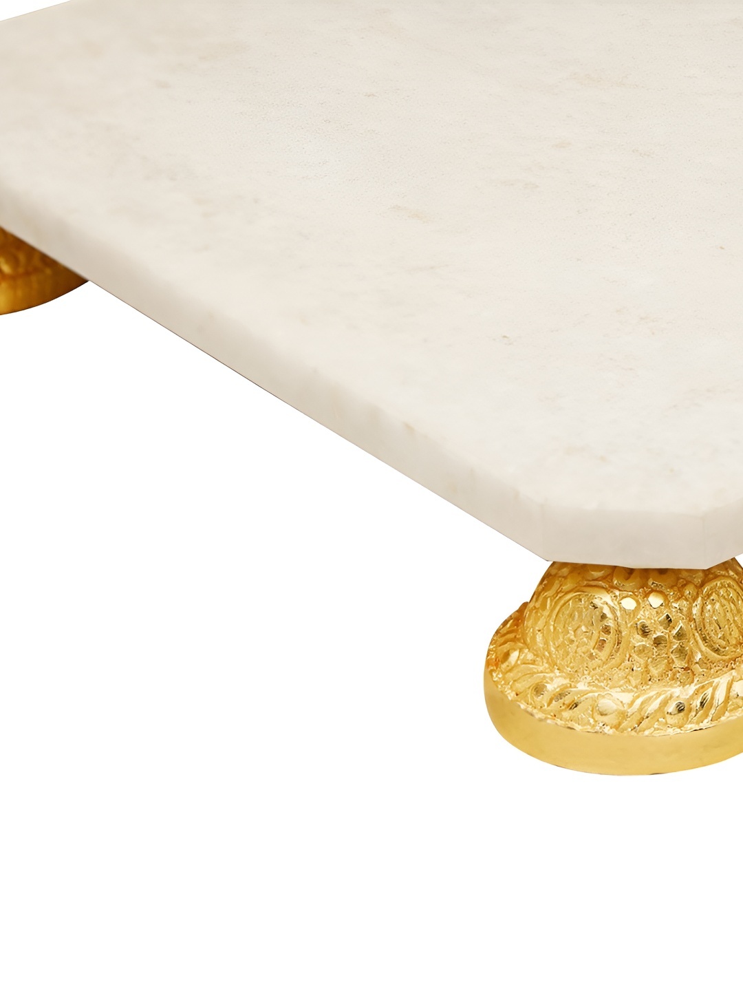 

THE HOME CO. Off White & gold Toned Marble Chowki Pooja Essentials