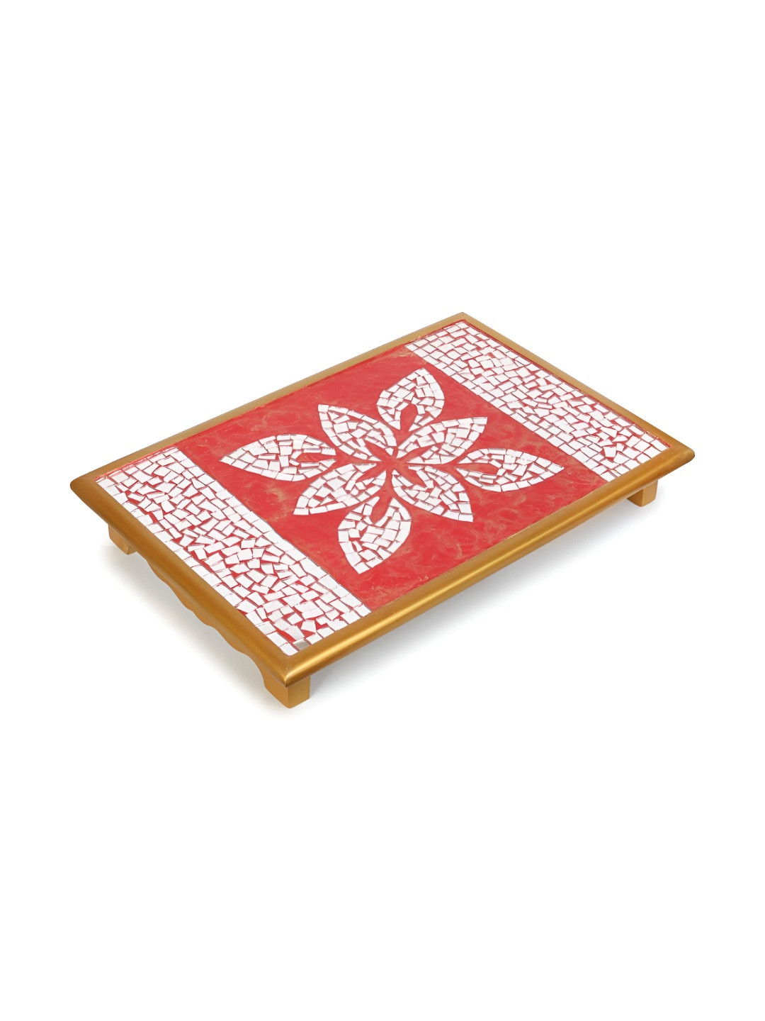 

THE HOME CO. Gold Toned & Red Floral Mosaic Textured Wooden Chowki